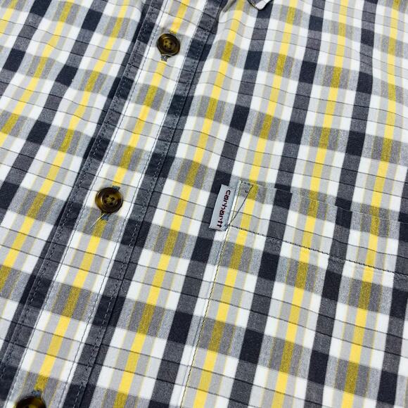 Carhartt Button Shirt Mens Large Check Yellow Black Short Sleeve Cotton Workwear - Picture 3 of 6